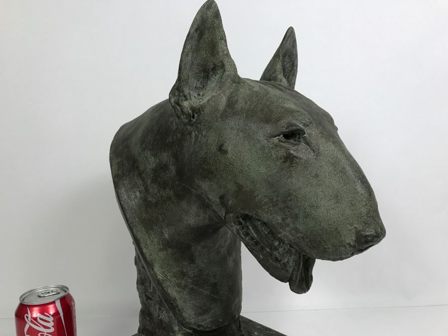 Vintage 1999 Jim Gion Life Size Bust Clay Sculpture Titled 'Betsy' Of Champion Bull Terrior Dog Signed On Clay Sculpture And On Wooden Stand [Photo 8]