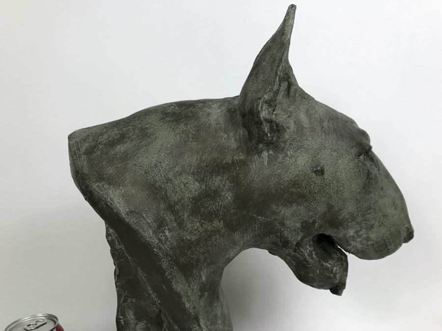 Vintage 1999 Jim Gion Life Size Bust Clay Sculpture Titled 'Betsy' Of Champion Bull Terrior Dog Signed On Clay Sculpture And On Wooden Stand [Photo 15]