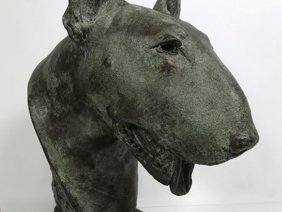 Vintage 1999 Jim Gion Life Size Bust Clay Sculpture Titled 'Betsy' Of Champion Bull Terrior Dog Signed On Clay Sculpture And On Wooden Stand [Photo 9]