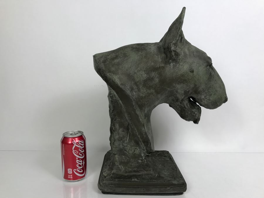 Vintage 1999 Jim Gion Life Size Bust Clay Sculpture Titled 'Betsy' Of Champion Bull Terrior Dog Signed On Clay Sculpture And On Wooden Stand [Photo 14]
