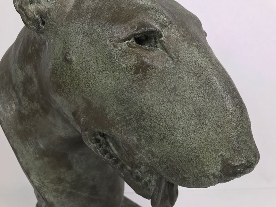 Vintage 1999 Jim Gion Life Size Bust Clay Sculpture Titled 'Betsy' Of Champion Bull Terrior Dog Signed On Clay Sculpture And On Wooden Stand [Photo 11]