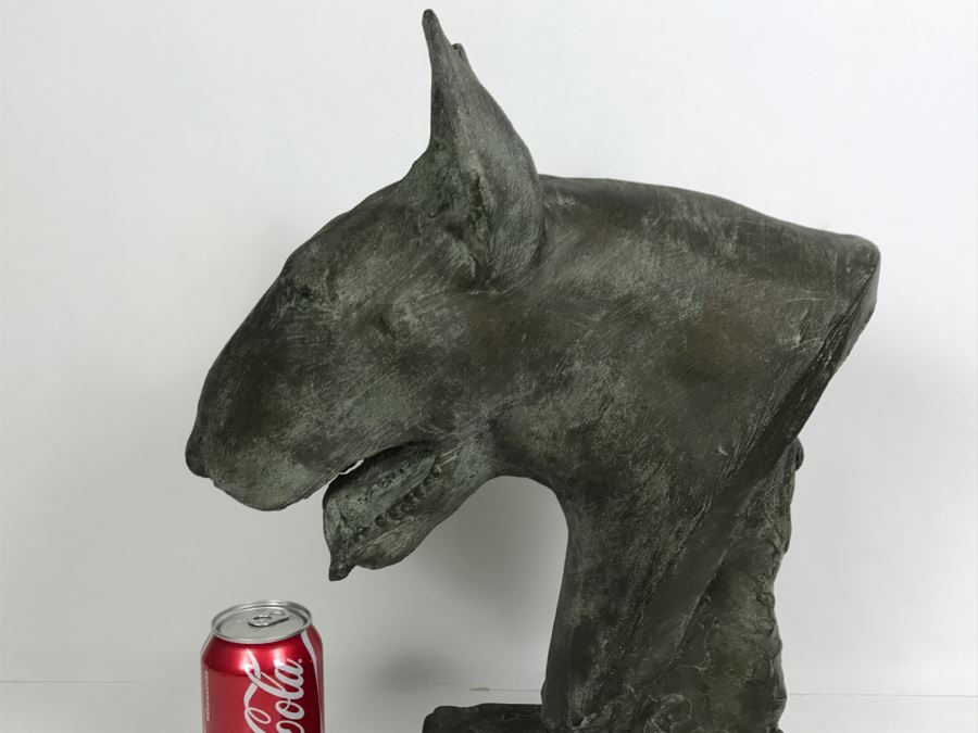 Vintage 1999 Jim Gion Life Size Bust Clay Sculpture Titled 'Betsy' Of Champion Bull Terrior Dog Signed On Clay Sculpture And On Wooden Stand [Photo 23]