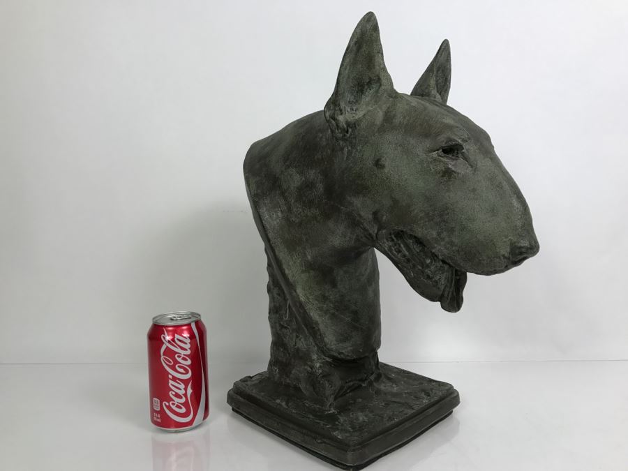 Vintage 1999 Jim Gion Life Size Bust Clay Sculpture Titled 'Betsy' Of Champion Bull Terrior Dog Signed On Clay Sculpture And On Wooden Stand [Photo 1]