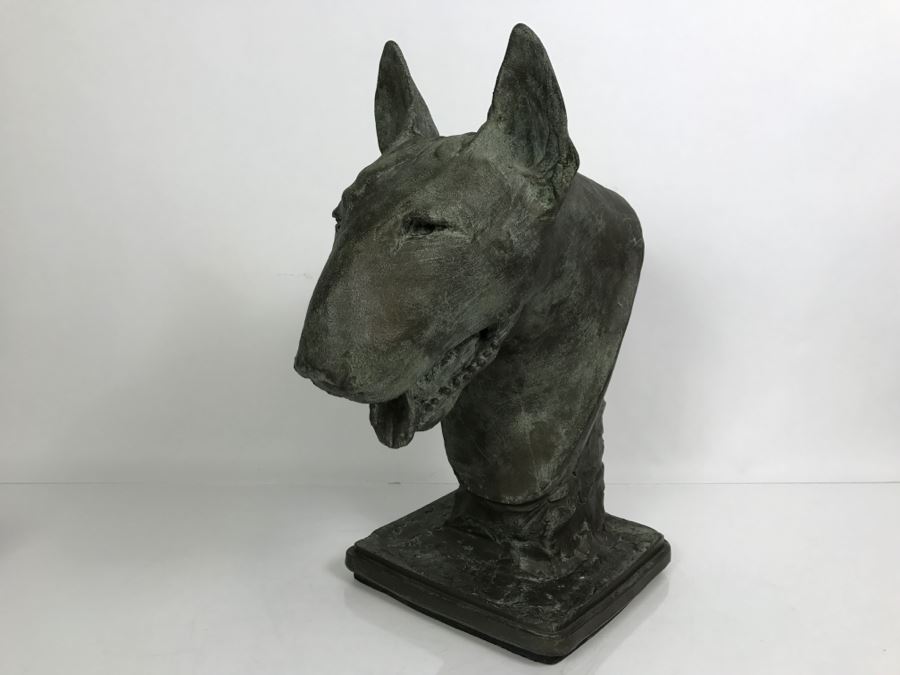 Vintage 1999 Jim Gion Life Size Bust Clay Sculpture Titled 'Betsy' Of Champion Bull Terrior Dog Signed On Clay Sculpture And On Wooden Stand [Photo 24]