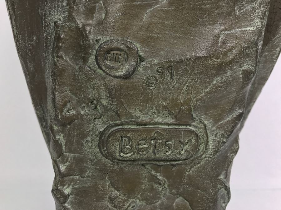 Vintage 1999 Jim Gion Life Size Bust Clay Sculpture Titled 'Betsy' Of Champion Bull Terrior Dog Signed On Clay Sculpture And On Wooden Stand [Photo 2]