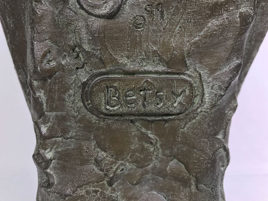 Vintage 1999 Jim Gion Life Size Bust Clay Sculpture Titled 'Betsy' Of Champion Bull Terrior Dog Signed On Clay Sculpture And On Wooden Stand [Photo 17]