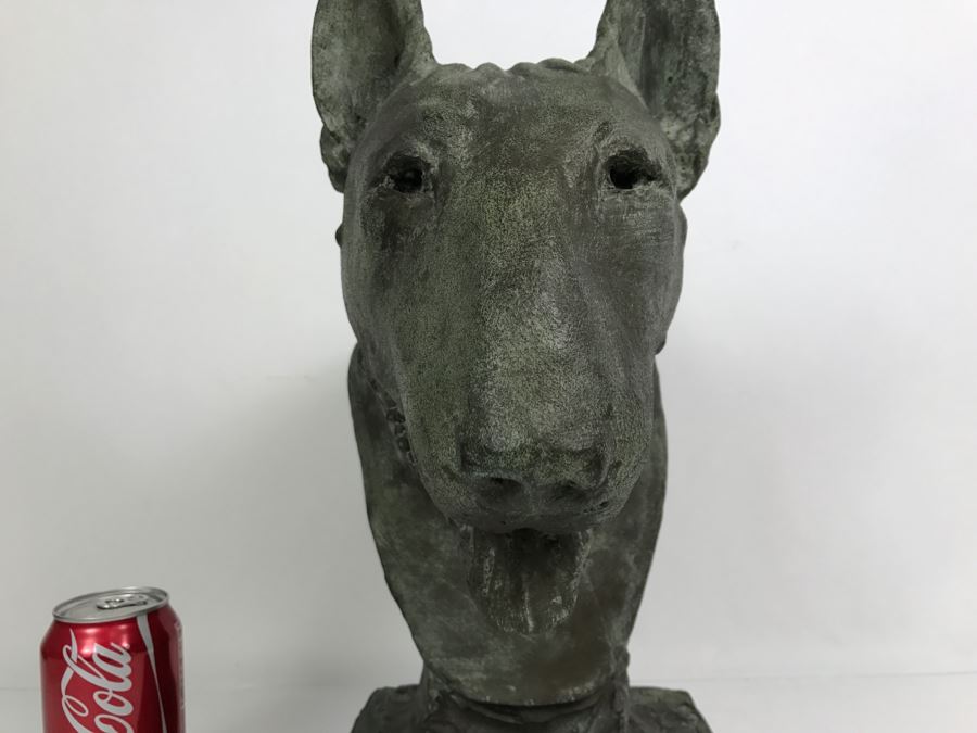 Vintage 1999 Jim Gion Life Size Bust Clay Sculpture Titled 'Betsy' Of Champion Bull Terrior Dog Signed On Clay Sculpture And On Wooden Stand [Photo 6]