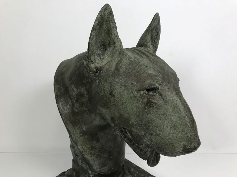Vintage 1999 Jim Gion Life Size Bust Clay Sculpture Titled 'Betsy' Of Champion Bull Terrior Dog Signed On Clay Sculpture And On Wooden Stand [Photo 10]