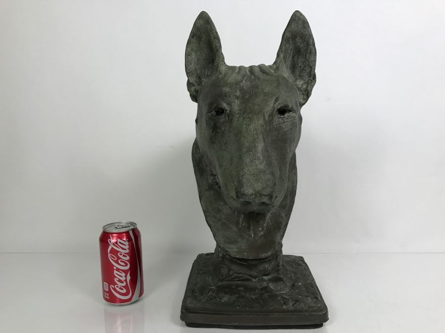 Vintage 1999 Jim Gion Life Size Bust Clay Sculpture Titled 'Betsy' Of Champion Bull Terrior Dog Signed On Clay Sculpture And On Wooden Stand [Photo 4]