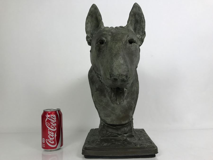 Vintage 1999 Jim Gion Life Size Bust Clay Sculpture Titled 'Betsy' Of Champion Bull Terrior Dog Signed On Clay Sculpture And On Wooden Stand [Photo 5]