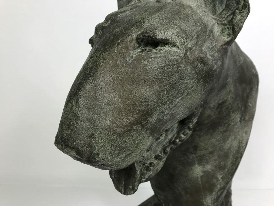 Vintage 1999 Jim Gion Life Size Bust Clay Sculpture Titled 'Betsy' Of Champion Bull Terrior Dog Signed On Clay Sculpture And On Wooden Stand [Photo 25]