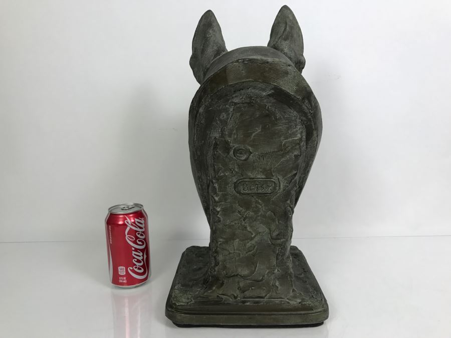 Vintage 1999 Jim Gion Life Size Bust Clay Sculpture Titled 'Betsy' Of Champion Bull Terrior Dog Signed On Clay Sculpture And On Wooden Stand [Photo 16]