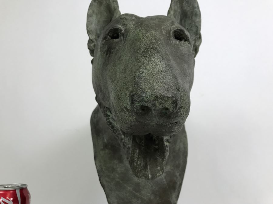 Vintage 1999 Jim Gion Life Size Bust Clay Sculpture Titled 'Betsy' Of Champion Bull Terrior Dog Signed On Clay Sculpture And On Wooden Stand [Photo 7]