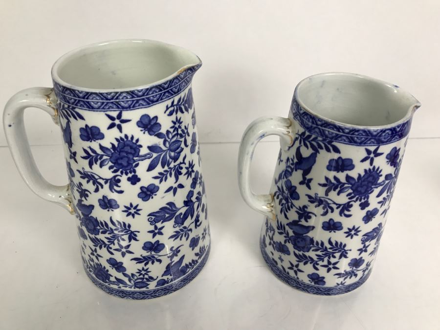 Pair Of Vintage Belfort Bisto England Blue And White Pitchers Bishop & Stonier [Photo 13]