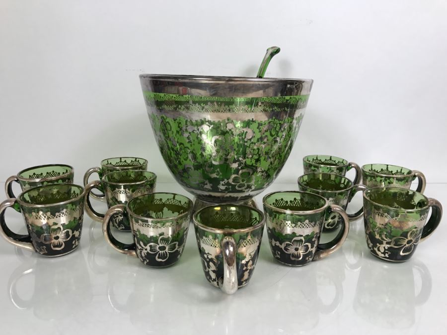 Vintage Hand Blown Green Glass With Silver Overlay Punch Bowl Set [Photo 3]