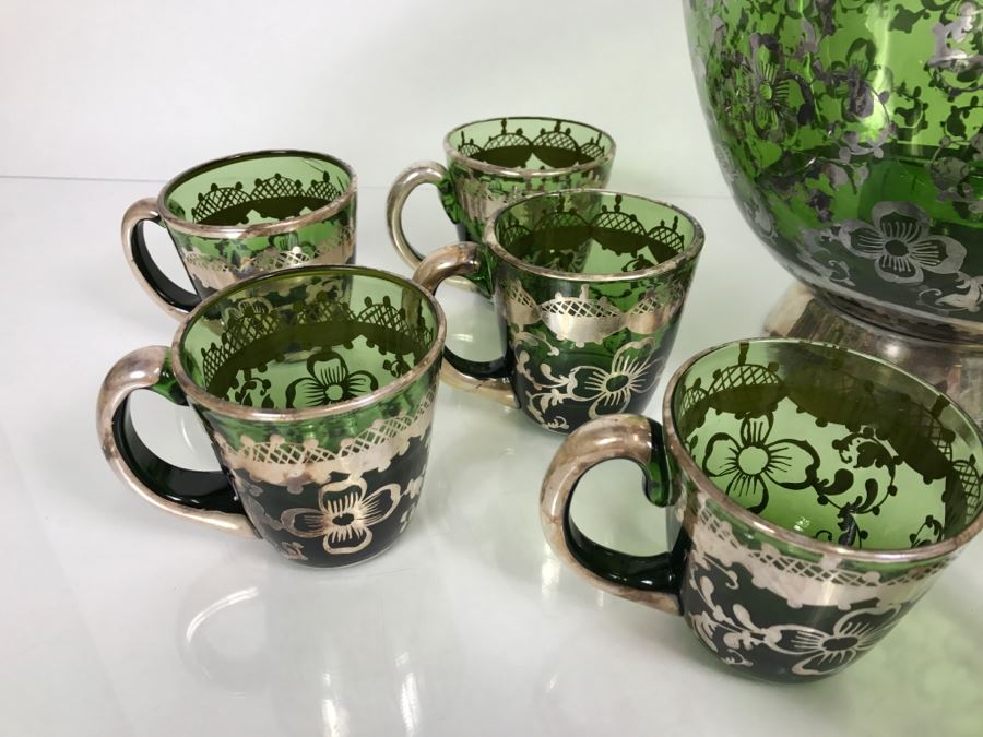 Vintage Hand Blown Green Glass With Silver Overlay Punch Bowl Set [Photo 13]