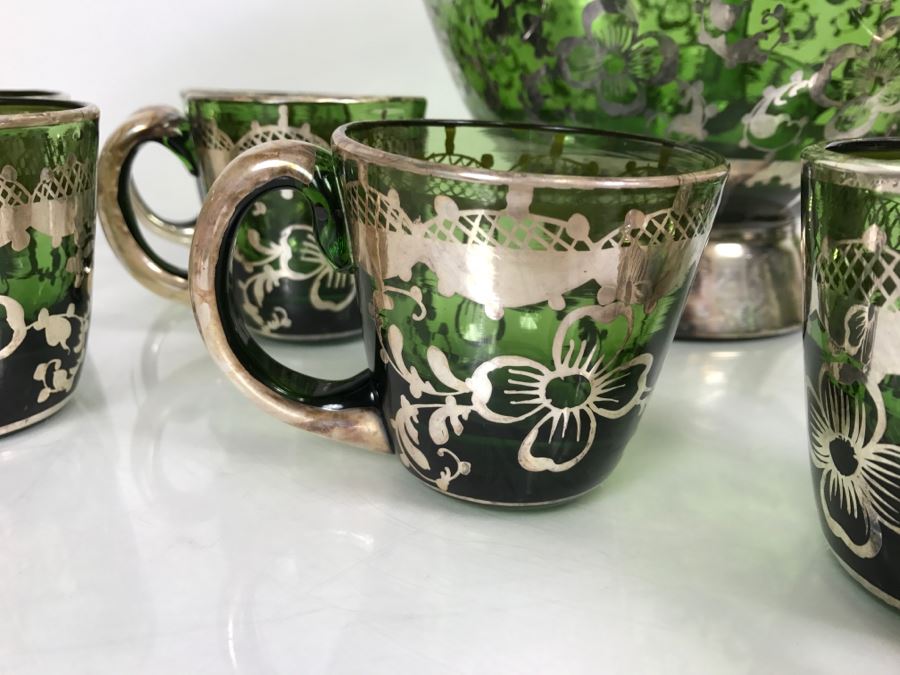 Vintage Hand Blown Green Glass With Silver Overlay Punch Bowl Set [Photo 5]