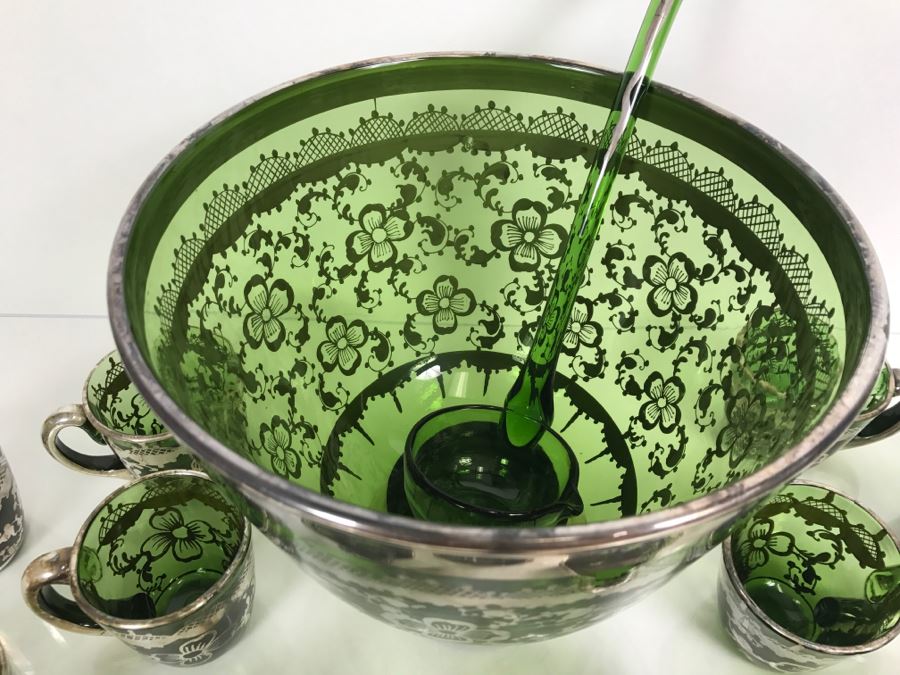 Vintage Hand Blown Green Glass With Silver Overlay Punch Bowl Set [Photo 9]