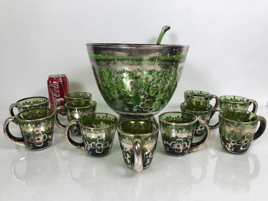 Vintage Hand Blown Green Glass With Silver Overlay Punch Bowl Set
