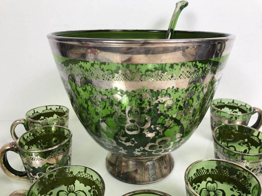Vintage Hand Blown Green Glass With Silver Overlay Punch Bowl Set [Photo 8]