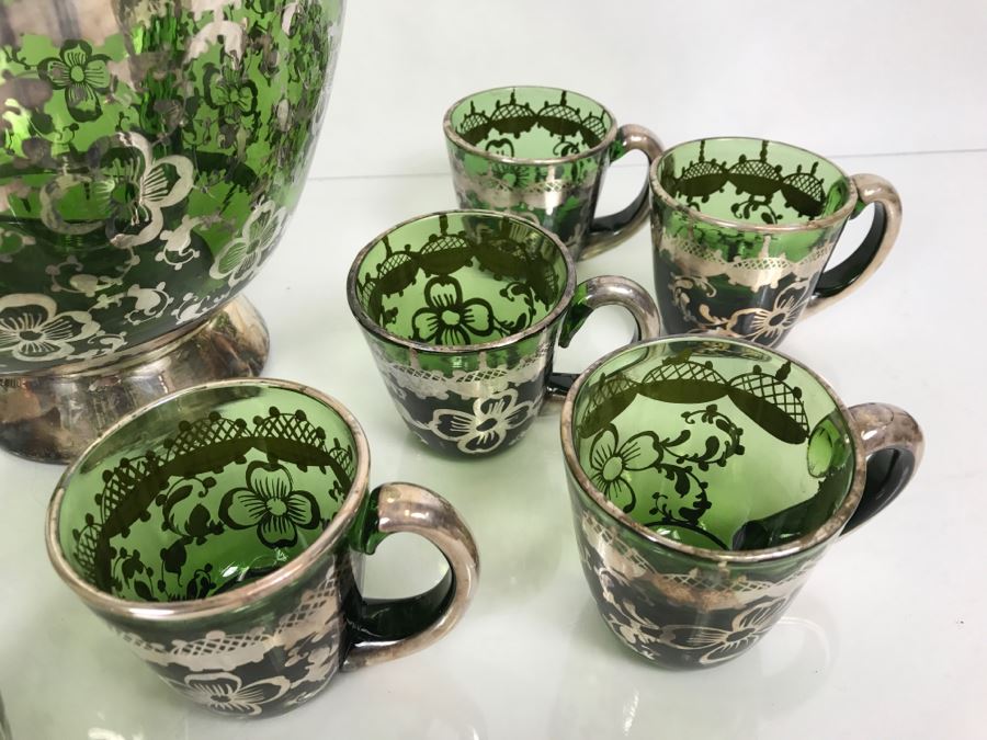 Vintage Hand Blown Green Glass With Silver Overlay Punch Bowl Set [Photo 11]