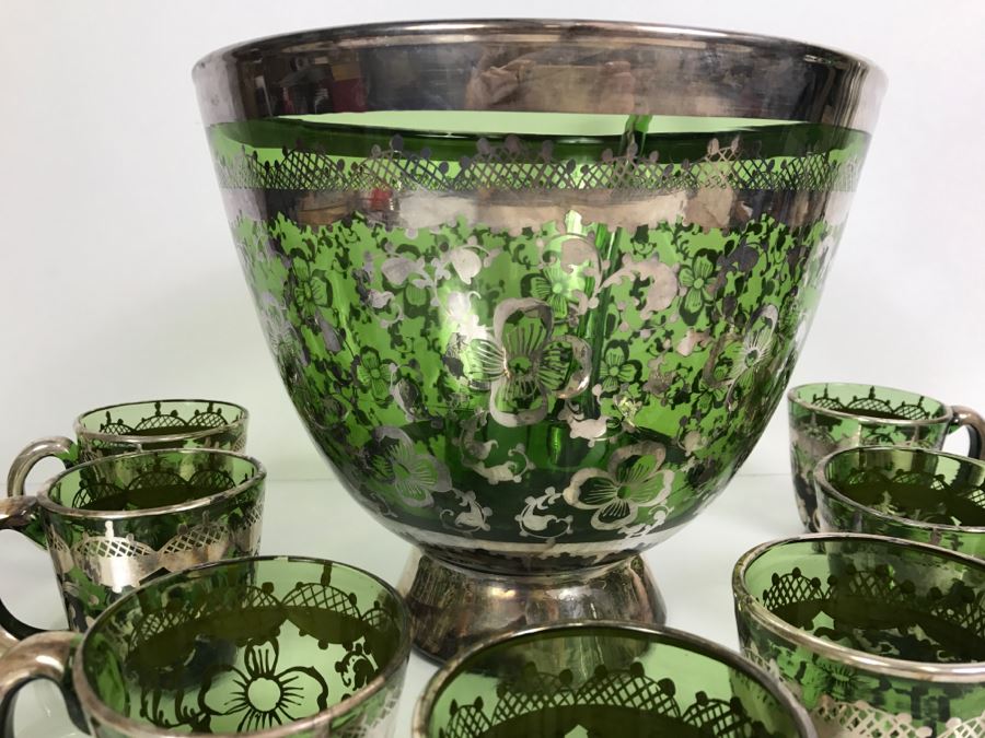 Vintage Hand Blown Green Glass With Silver Overlay Punch Bowl Set [Photo 7]