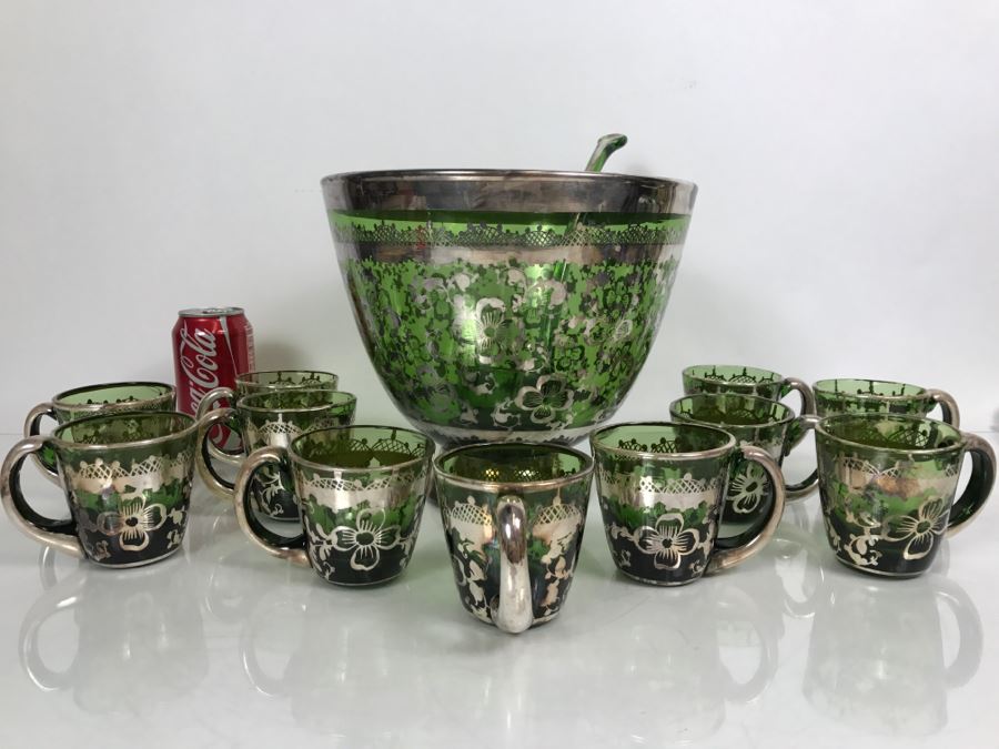 Vintage Hand Blown Green Glass With Silver Overlay Punch Bowl Set [Photo 2]