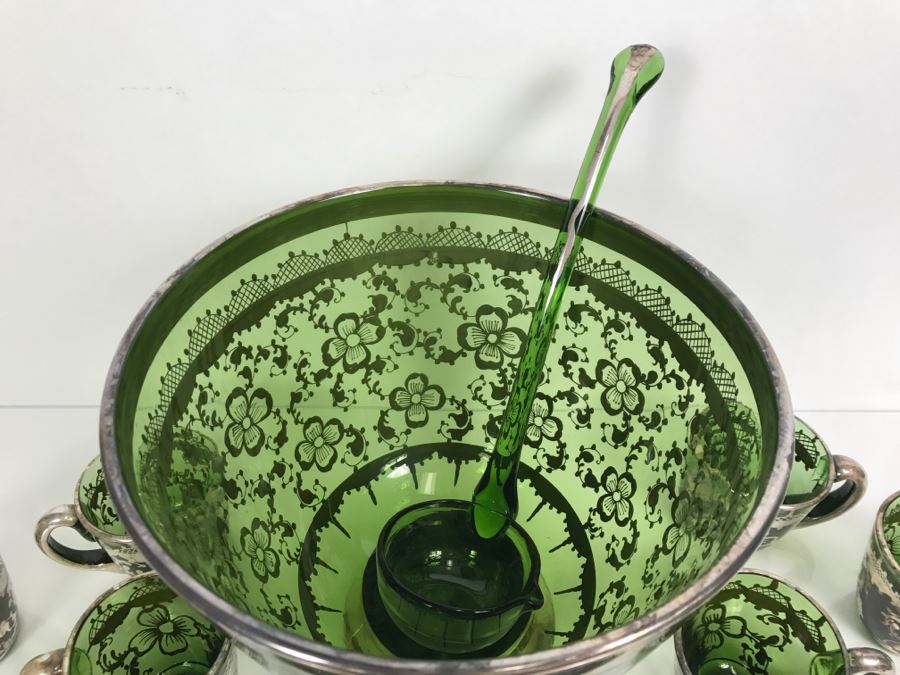 Vintage Hand Blown Green Glass With Silver Overlay Punch Bowl Set [Photo 10]