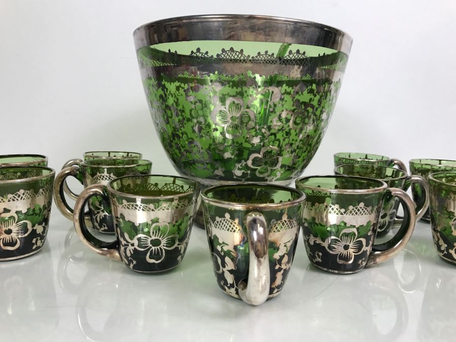 Vintage Hand Blown Green Glass With Silver Overlay Punch Bowl Set [Photo 4]