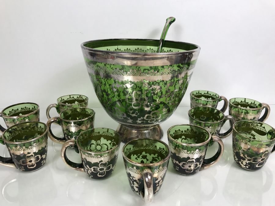 Vintage Hand Blown Green Glass With Silver Overlay Punch Bowl Set [Photo 14]
