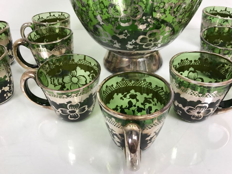 Vintage Hand Blown Green Glass With Silver Overlay Punch Bowl Set [Photo 12]