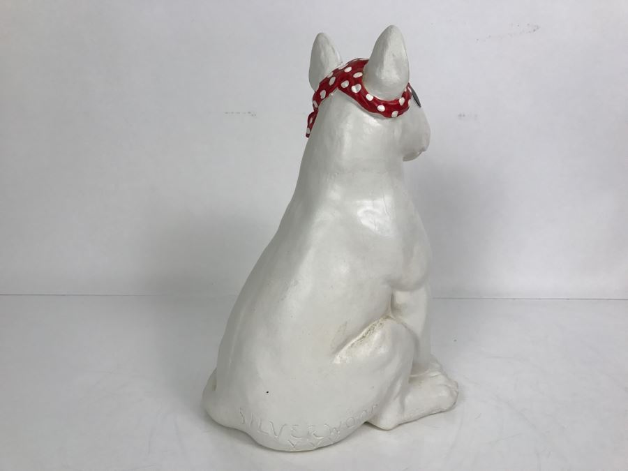 Plaster Sculpture Of Bull Terrier Dog Signed Silverwood XXX Lethin Small Chip On Inside Of Dog Ear [Photo 10]
