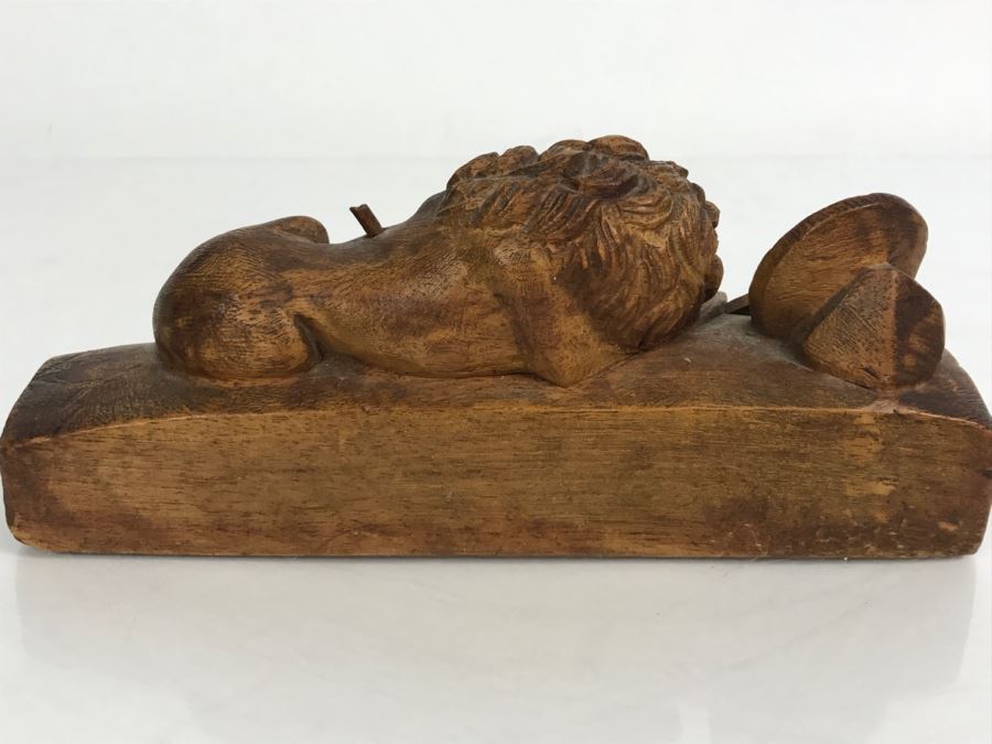 Vintage Hand Carved Wooden Sculpture Of The Lion Of Lucerne Luzern Switzerland Well Executed Detailed Carving [Photo 19]