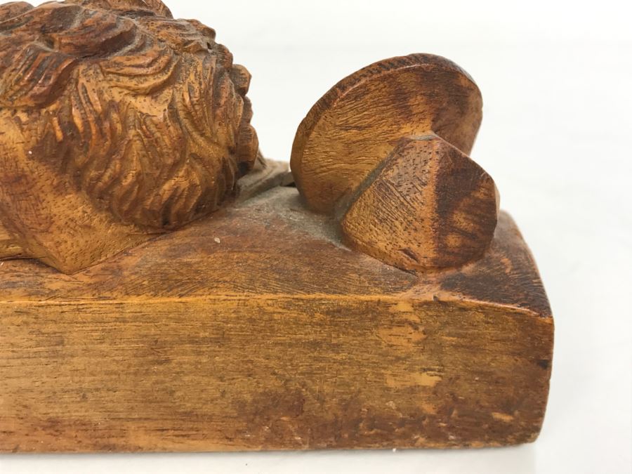 Vintage Hand Carved Wooden Sculpture Of The Lion Of Lucerne Luzern Switzerland Well Executed Detailed Carving [Photo 21]