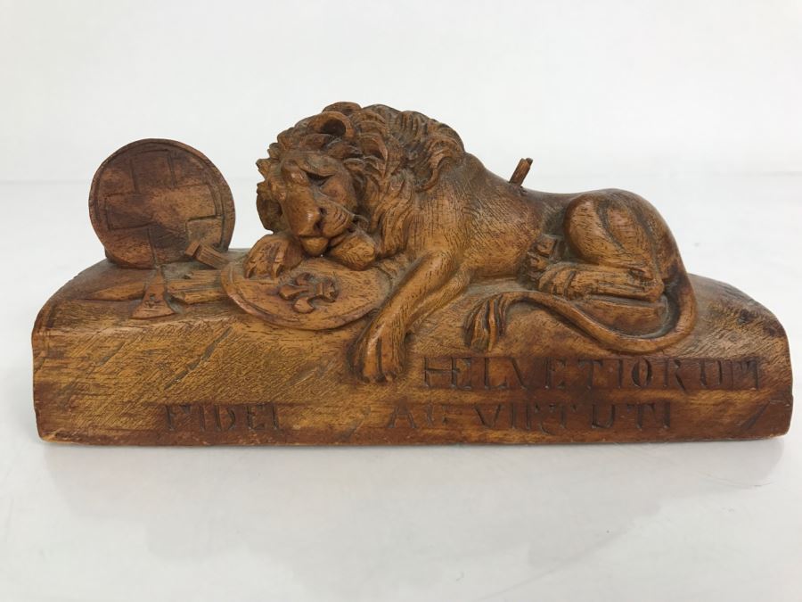 Vintage Hand Carved Wooden Sculpture Of The Lion Of Lucerne Luzern Switzerland Well Executed Detailed Carving