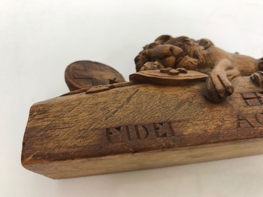 Vintage Hand Carved Wooden Sculpture Of The Lion Of Lucerne Luzern Switzerland Well Executed Detailed Carving [Photo 9]