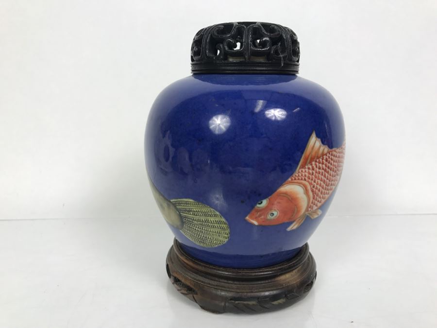 Vintage Asian Jar With Lid And Wooden Stand Painted Koi Fish [Photo 9]