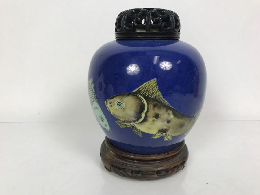 Vintage Asian Jar With Lid And Wooden Stand Painted Koi Fish [Photo 7]