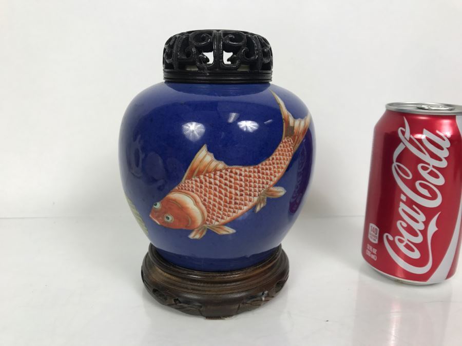 Vintage Asian Jar With Lid And Wooden Stand Painted Koi Fish