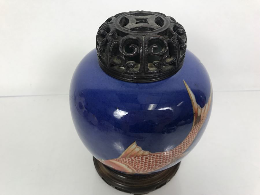 Vintage Asian Jar With Lid And Wooden Stand Painted Koi Fish [Photo 5]