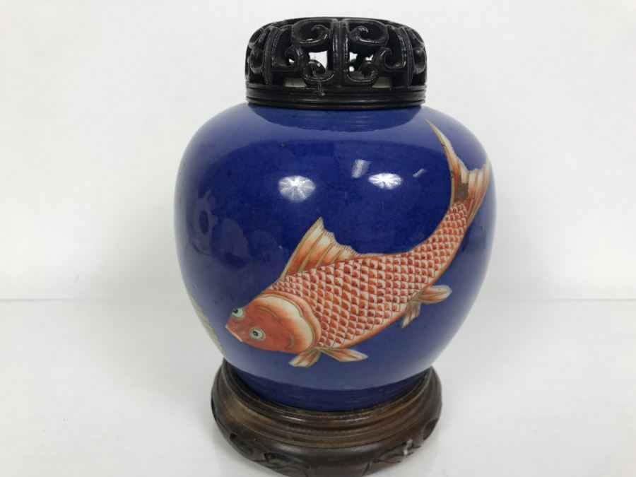 Vintage Asian Jar With Lid And Wooden Stand Painted Koi Fish [Photo 3]