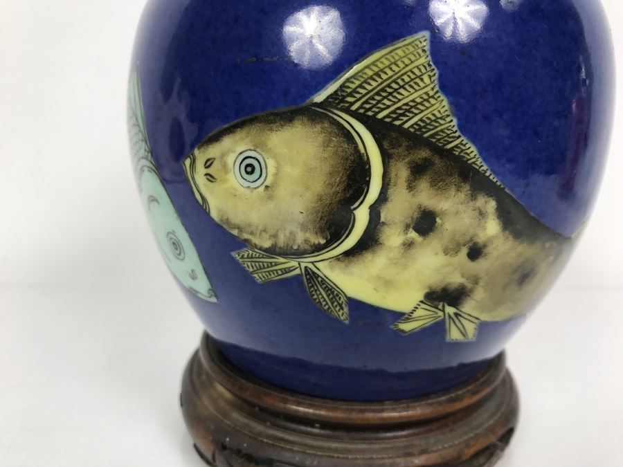Vintage Asian Jar With Lid And Wooden Stand Painted Koi Fish [Photo 8]