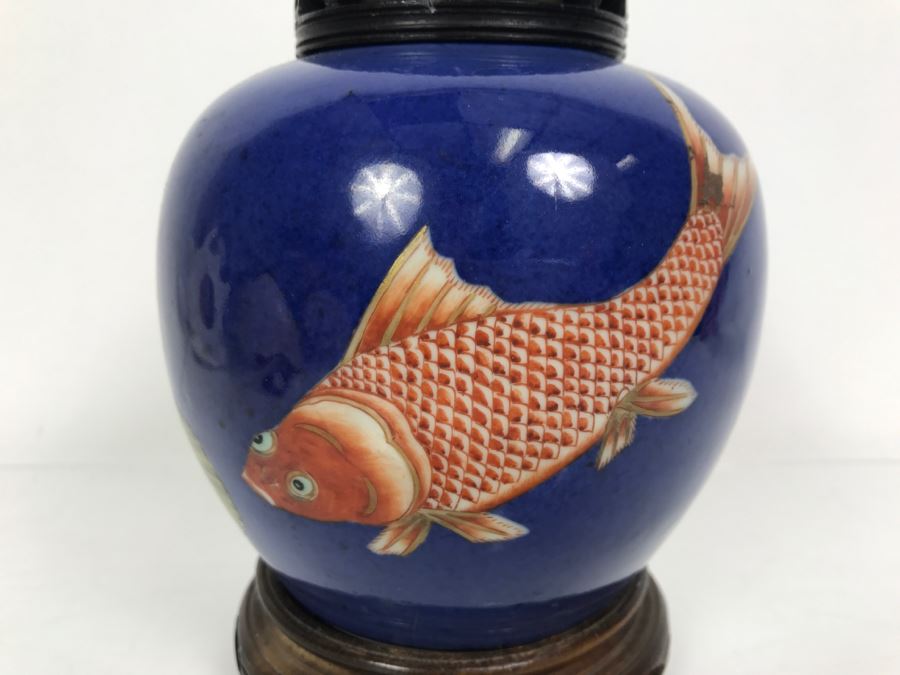Vintage Asian Jar With Lid And Wooden Stand Painted Koi Fish [Photo 4]