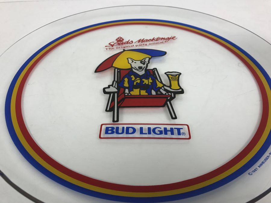Vintage Bud Light Beer Advertising Spuds MacKenzie The Original Party Animal Glass Plate Tray [Photo 3]