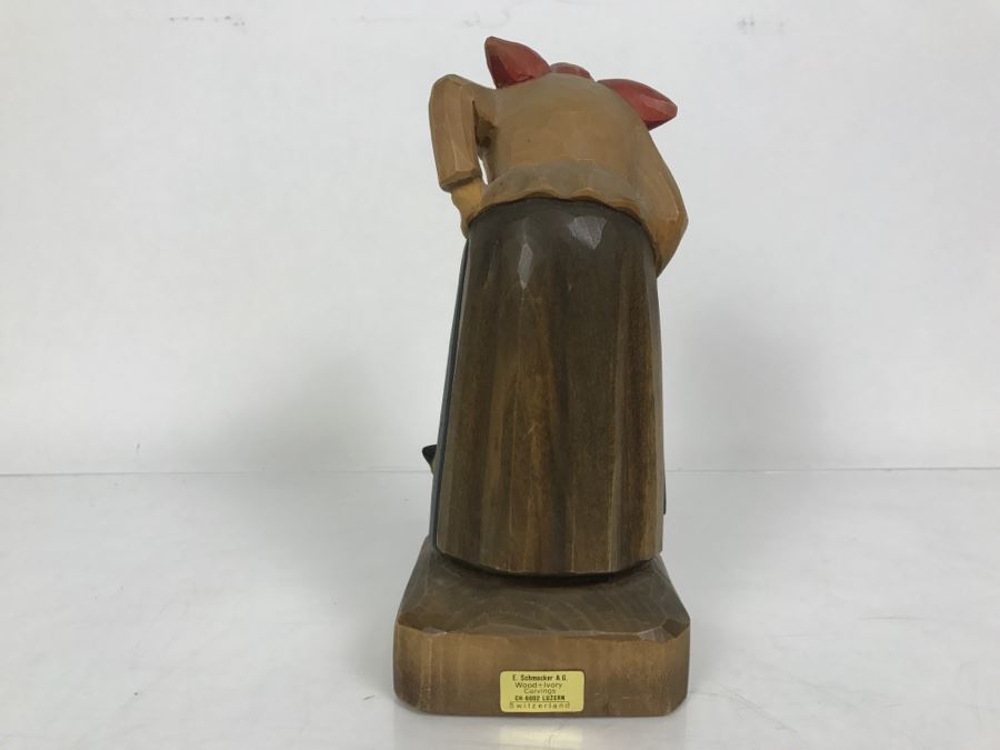 Hand Carved Wooden Figurine E. Schmocker A.G. Luzern Switzerland Woman With Cat [Photo 6]