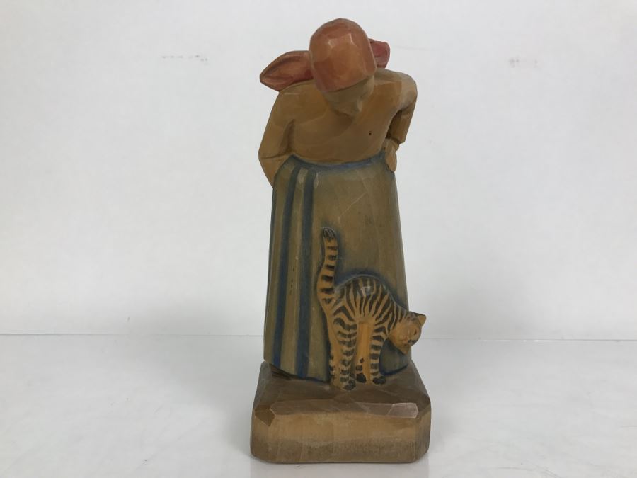 Hand Carved Wooden Figurine E. Schmocker A.G. Luzern Switzerland Woman With Cat [Photo 2]