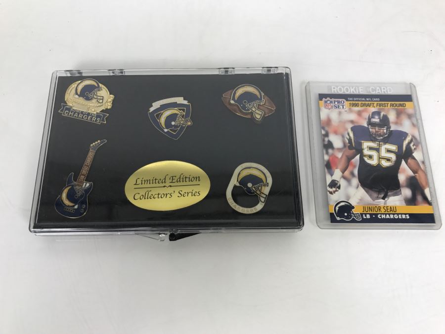 San Diego Chargers Junior Seau NFL Pro Set 1990 Rookie Card And Limited Edition San Diego Chargers Pins