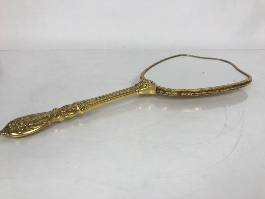 Vintage Gold Tone Hand Held Vanity Mirror Bird Floral Motif [Photo 5]