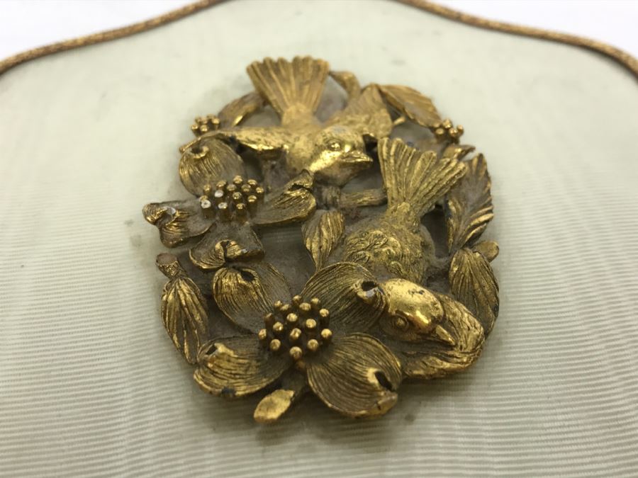 Vintage Gold Tone Hand Held Vanity Mirror Bird Floral Motif [Photo 11]