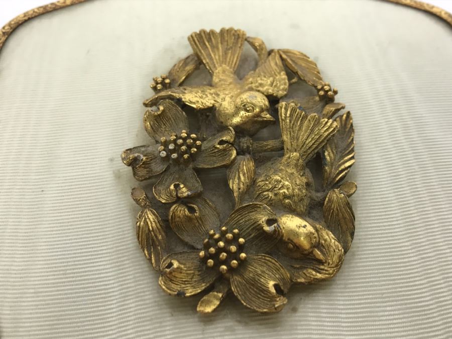 Vintage Gold Tone Hand Held Vanity Mirror Bird Floral Motif [Photo 10]